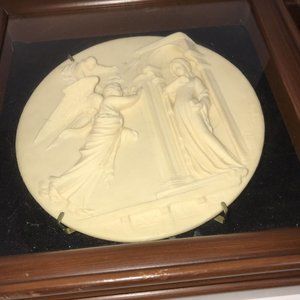 The Annunciation Plate encased in large wooden display case Ivory Alabaster